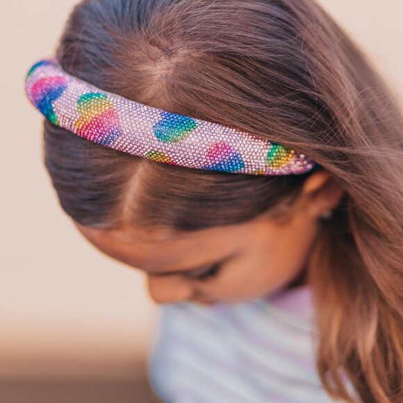 Girls Padded Rhinestone Headband Rainbow Heart No-Slip Velvet Hair Accessory - Picture 3 of 9